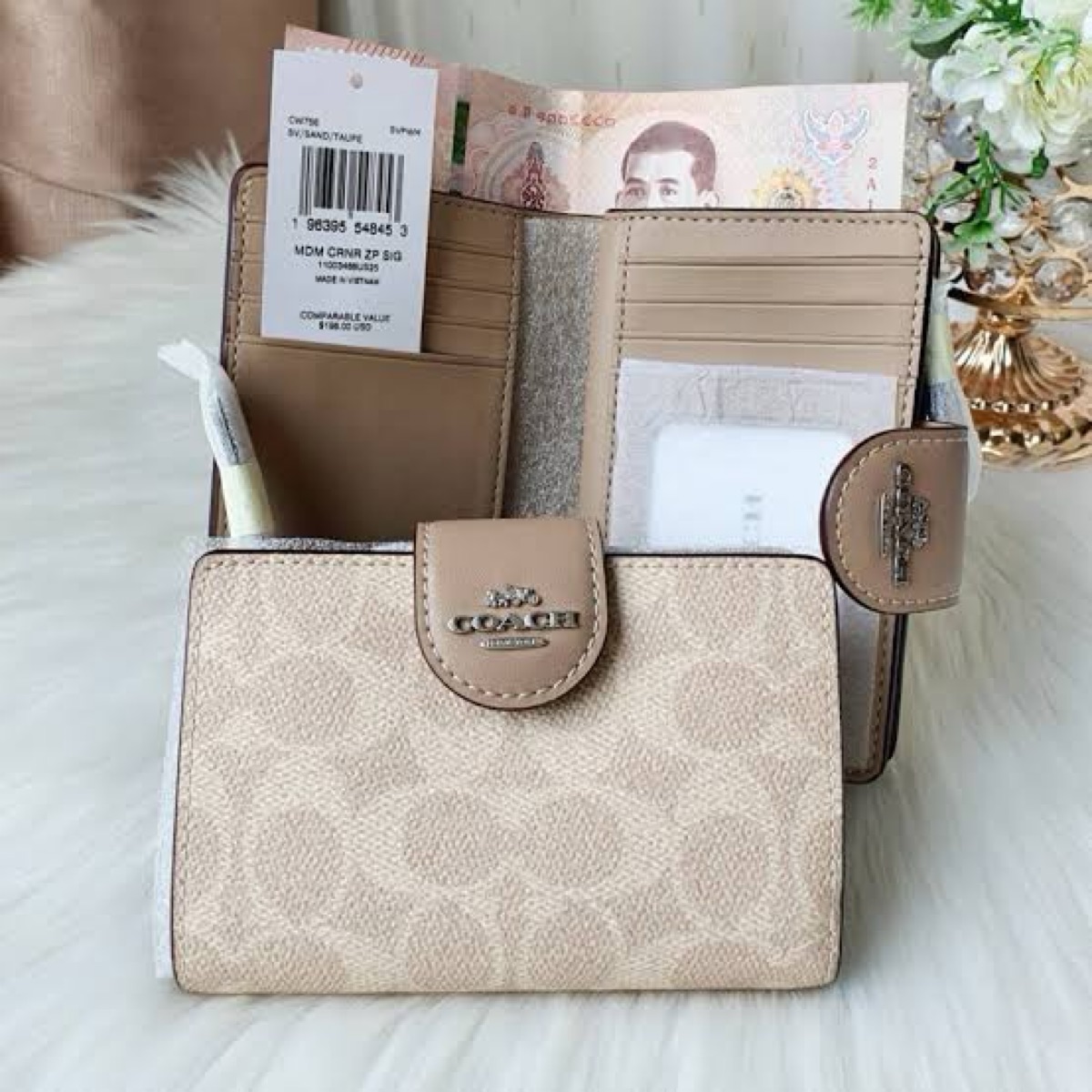Coach Medium Corner Zip Wallet In Signature Canvas Taupe