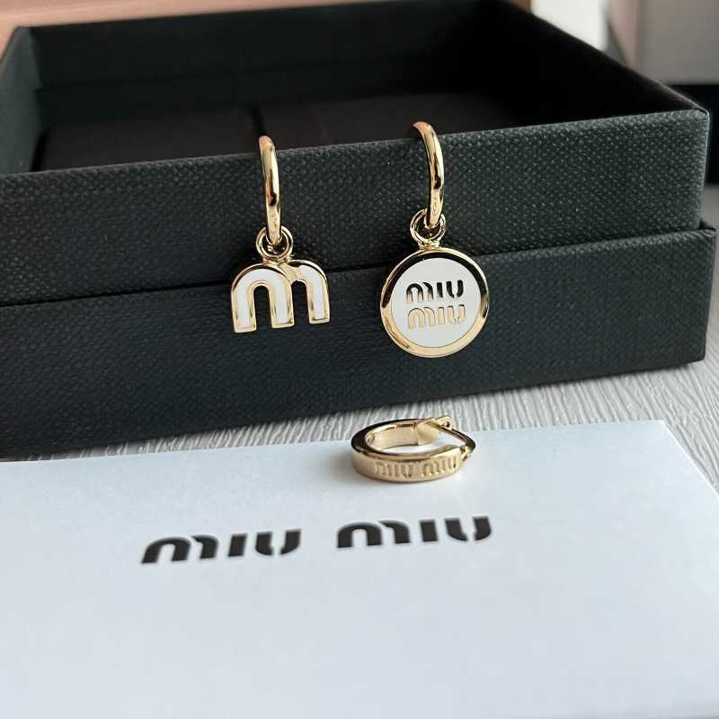 Miu Miu Set Of Enameled Metal Earrings With Visible Logo White