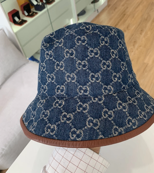 Gucci GG Canvas Bucket Hat In Blue Jacquard Denim With Brown  display picture 3