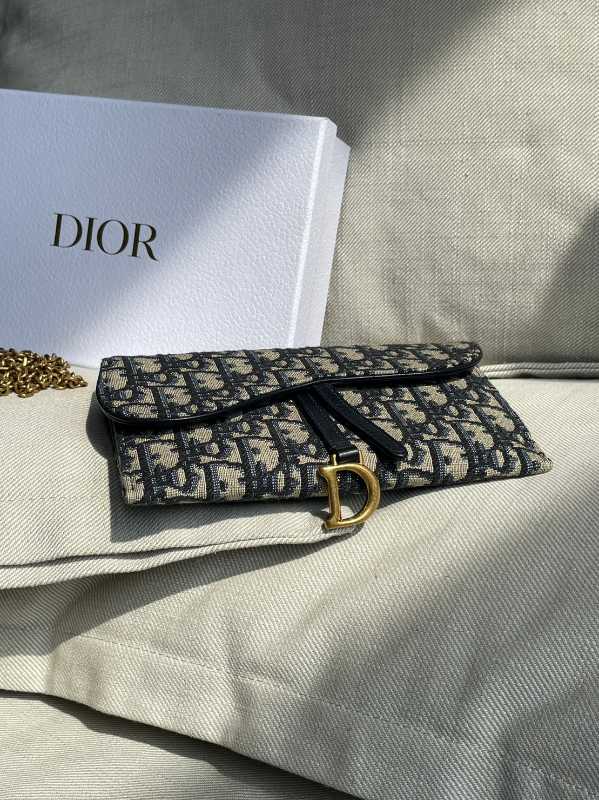 Long Saddle Wallet with Chain Blue Dior Oblique Jacquard