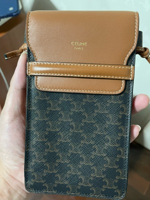 Celine Phone Pouch With Flap In Triomphe Canvas And Lambskin Tan Celine Phone Pouch With Flap In Triomphe Canvas And Lambskin Tan
