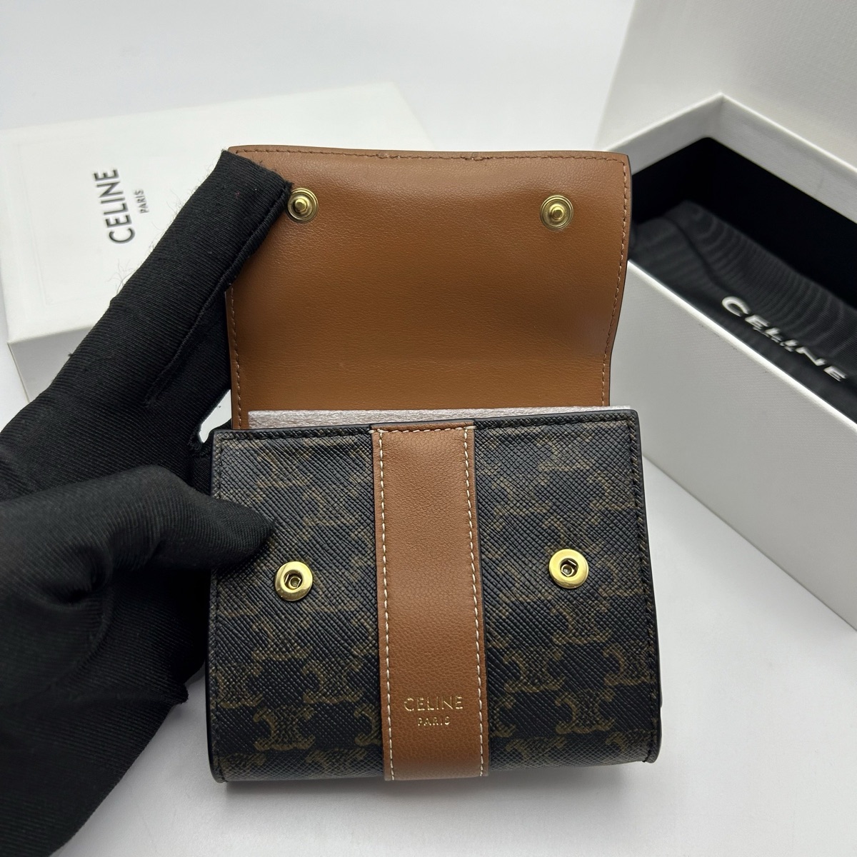 Celine Small Trifold Wallet In Triomphe Canvas And Lambskin
