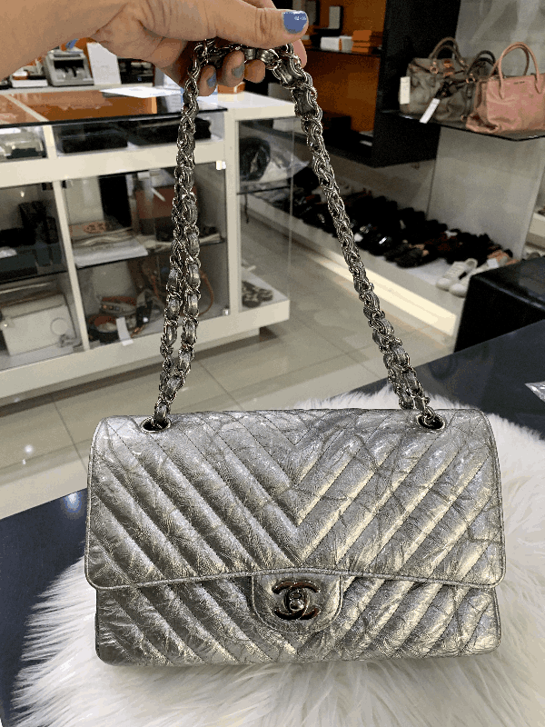 Chanel Patent Metallic Crumpled Calfskin Chevron Quilted Mini