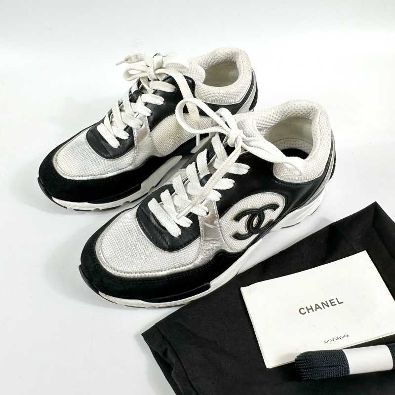 SASOM  shoes Chanel Sneakers Calfskin Fabric & Black White Silver
