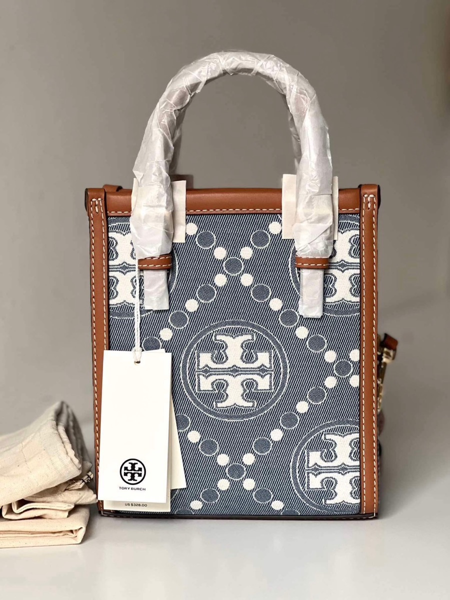 Tory Burch Mini T Monogram Denim Tote Bag With Pearl Blue