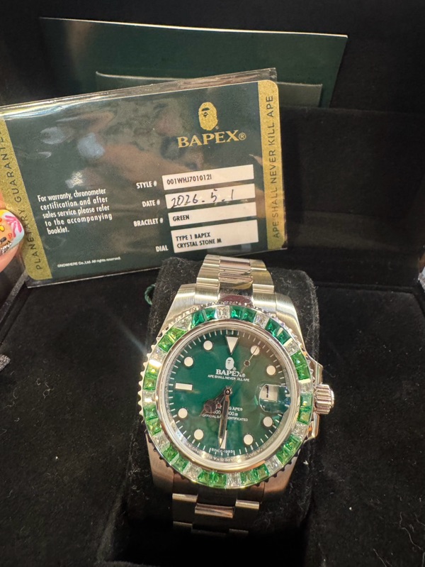 BAPE Type 1 Bapex Crystal Stone Watch Silver/Green