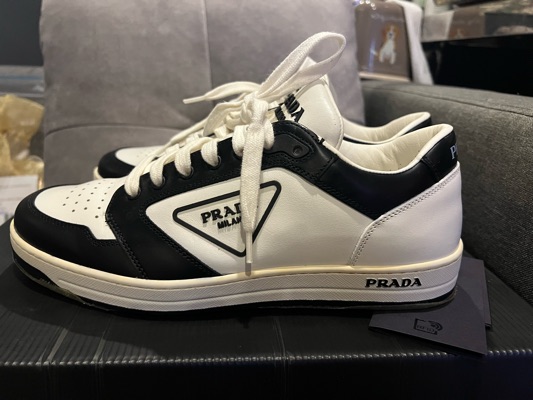 Prada Downtown Leather Sneakers With Enameled Metal Triangle