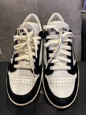 Prada Downtown Leather Sneakers With Enameled Metal Triangle