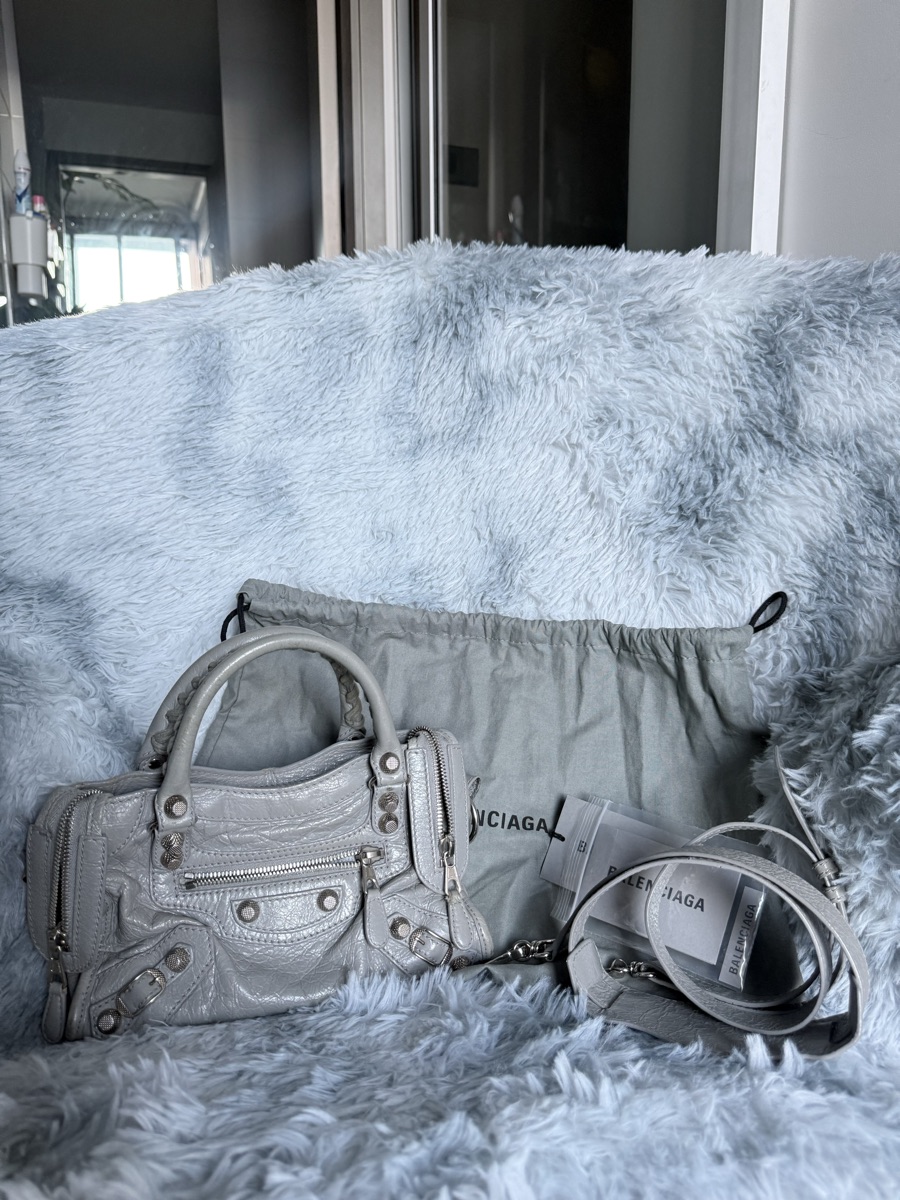 Balenciaga Mini City Bag In Lambskin Leather With Sliver Hardware Grey