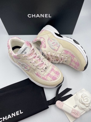 Chanel Coton Tweed, Suede Calfskin & Calfskin Pink / Ecru Low Top Sneakers  - Sneak in Peace